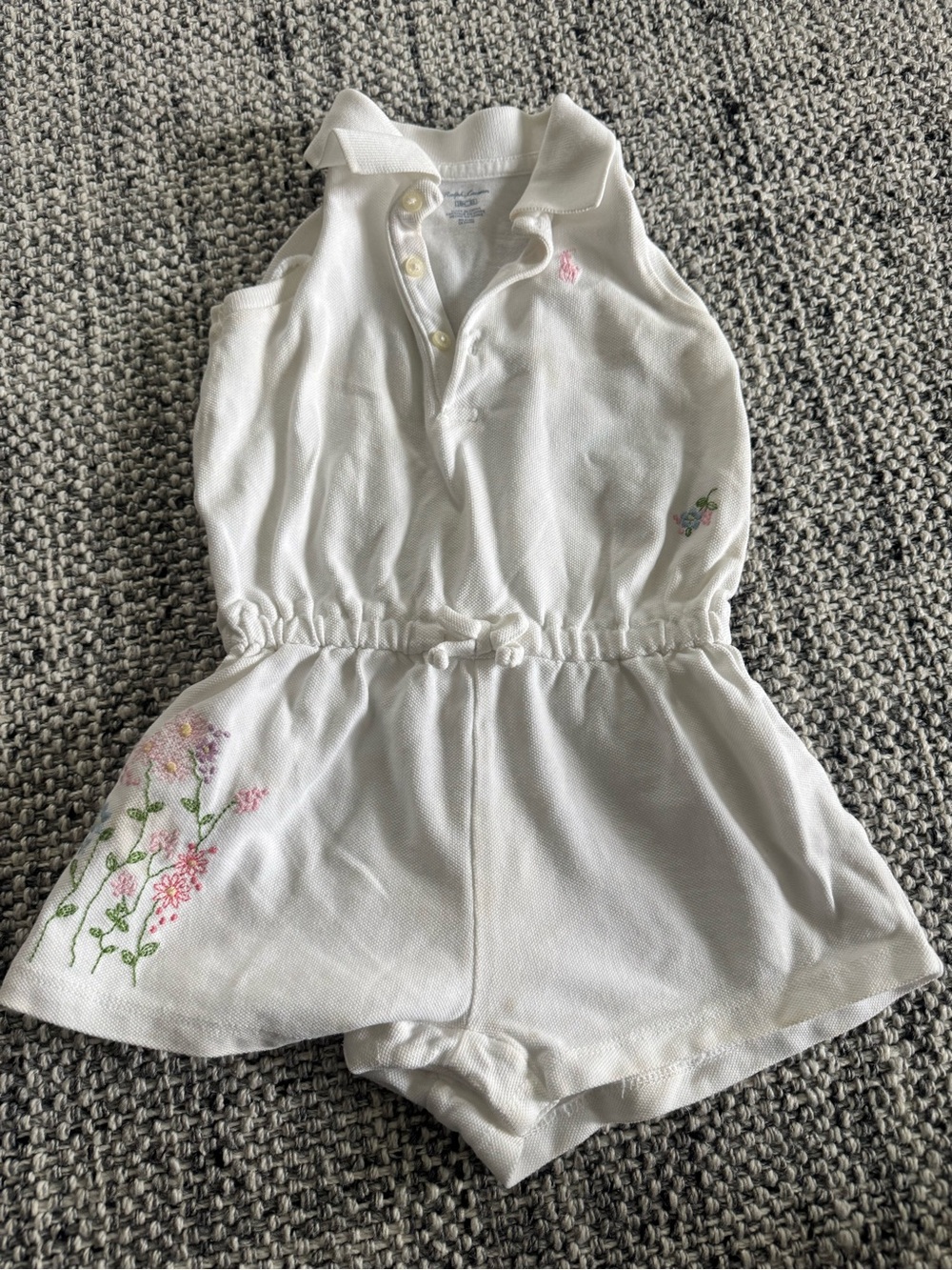 Ralph Lauren White Polo Romper with Floral  Embroidery